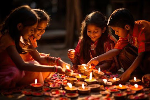 Children lighting diyas together at Diwali — Roots