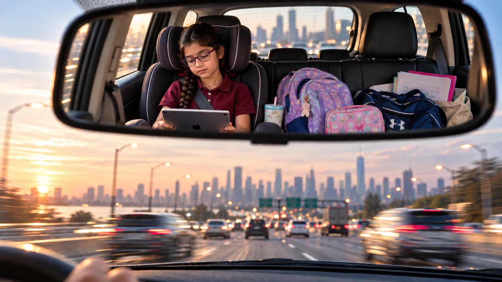 A parent drives toward the city at sunset; in the rear-view mirror, their daughter reads a tablet beside a pile of school bags and papers.